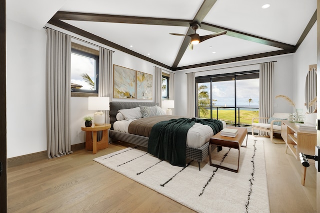 bedroom featuring light wood-type flooring, ceiling fan, and lofted ceiling