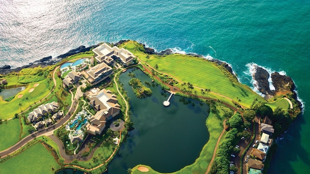 birds eye view of property with a water view