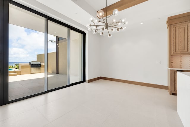 empty room featuring a notable chandelier, beamed ceiling, floor to ceiling windows, and light tile patterned floors