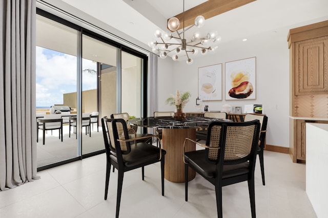 tiled dining room featuring a notable chandelier