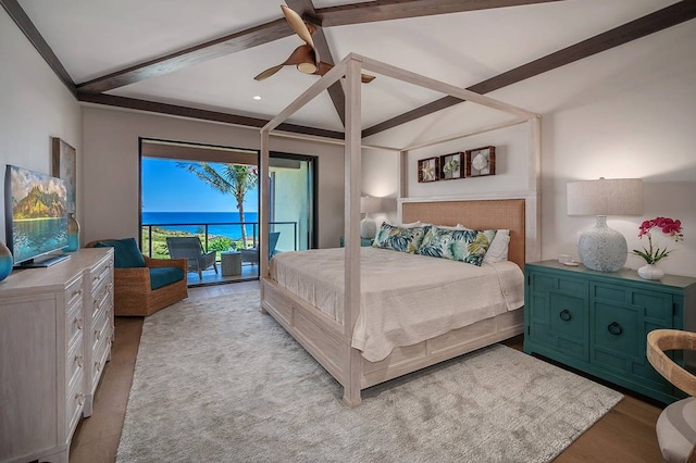 bedroom with ceiling fan, light hardwood / wood-style flooring, vaulted ceiling with beams, and access to outside