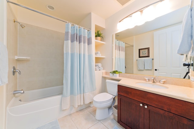 full bathroom with shower / bathtub combination with curtain, vanity, tile patterned floors, and toilet