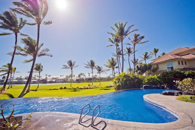 view of pool with a lawn