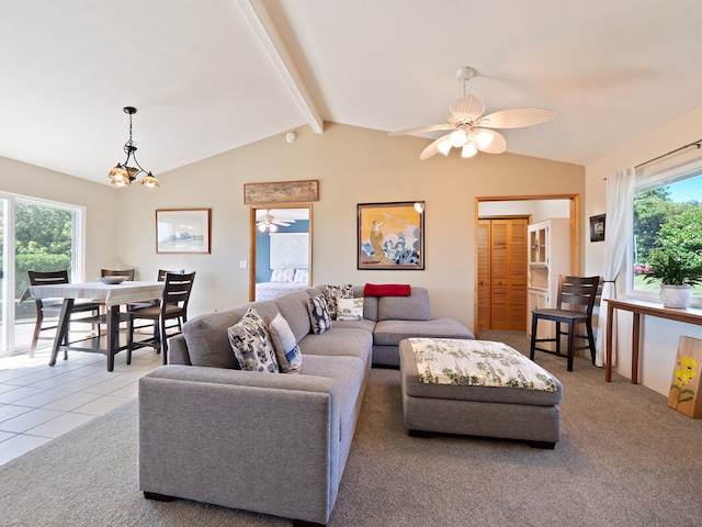 living room with ceiling fan with notable chandelier, light carpet, and lofted ceiling with beams