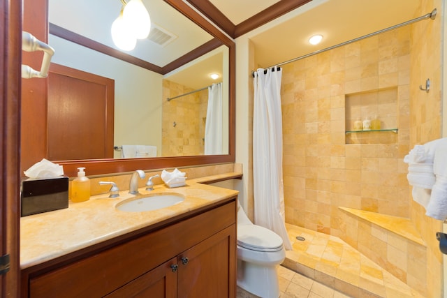 bathroom featuring ornamental molding, vanity, tile patterned floors, toilet, and a shower with curtain