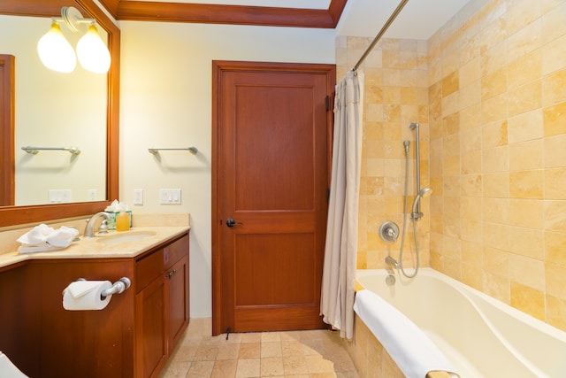 bathroom featuring tile patterned flooring, shower / bath combination with curtain, and vanity