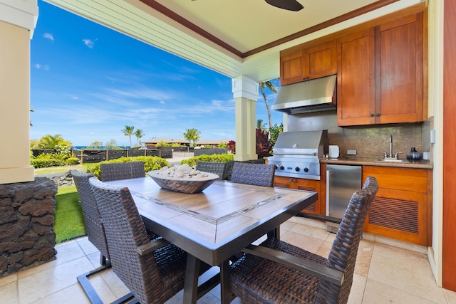 view of patio with sink, ceiling fan, a grill, and exterior kitchen