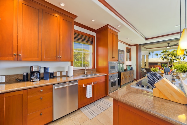 kitchen featuring sink, wall oven, light stone countertops, dishwasher, and crown molding