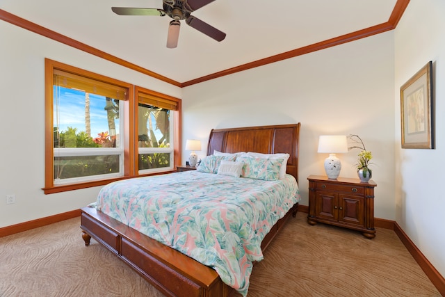 bedroom featuring ceiling fan, crown molding, and light carpet