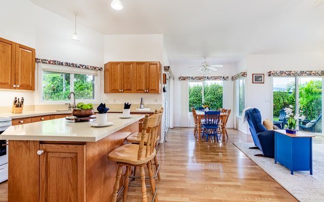 kitchen with a kitchen breakfast bar, hanging light fixtures, a kitchen island, ceiling fan, and light hardwood / wood-style flooring