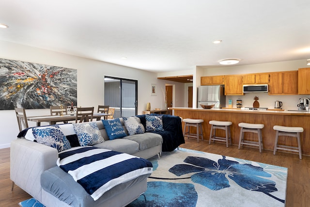 living room with hardwood / wood-style floors and sink