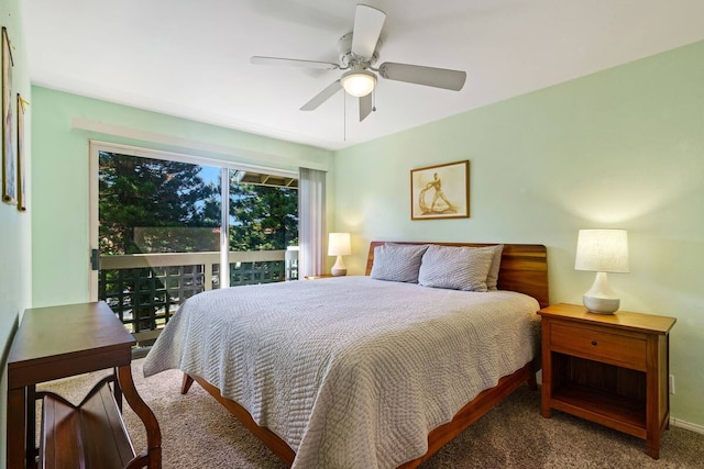 carpeted bedroom with ceiling fan and access to exterior