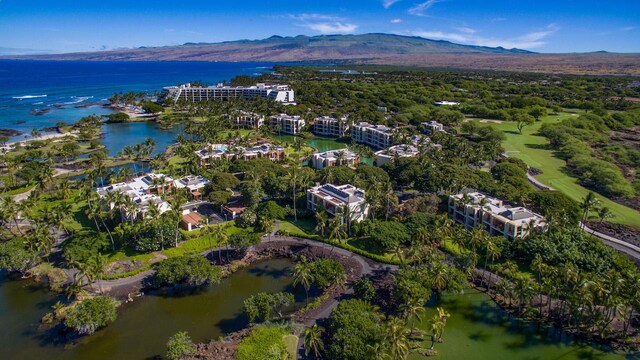 drone / aerial view with a water and mountain view