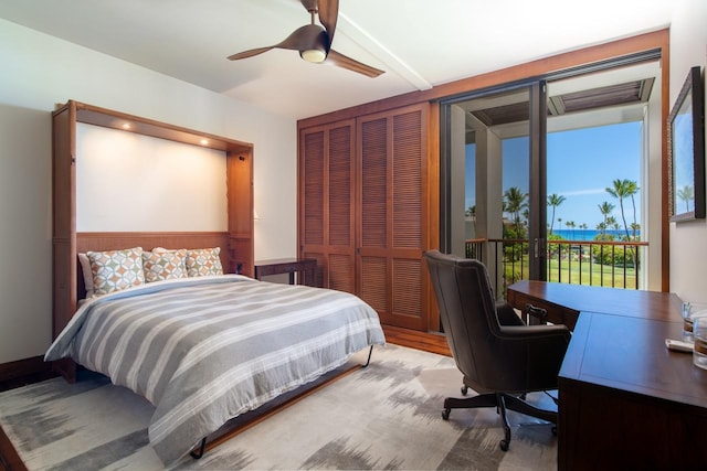 bedroom featuring ceiling fan, access to outside, and a closet