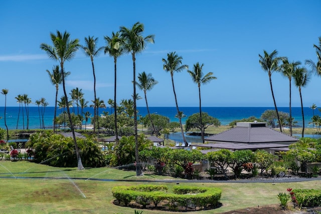 view of home's community with a water view and a lawn