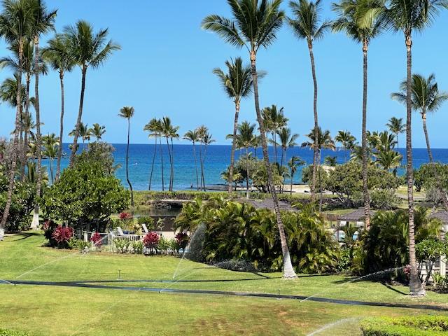 view of property's community featuring a lawn and a water view