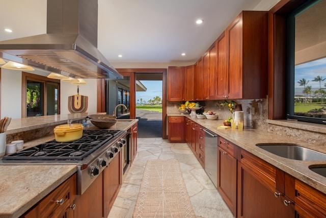 kitchen featuring light tile patterned flooring, light stone countertops, appliances with stainless steel finishes, decorative backsplash, and island range hood