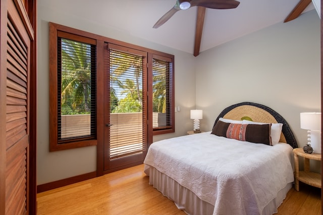 bedroom with light hardwood / wood-style floors, multiple windows, and ceiling fan