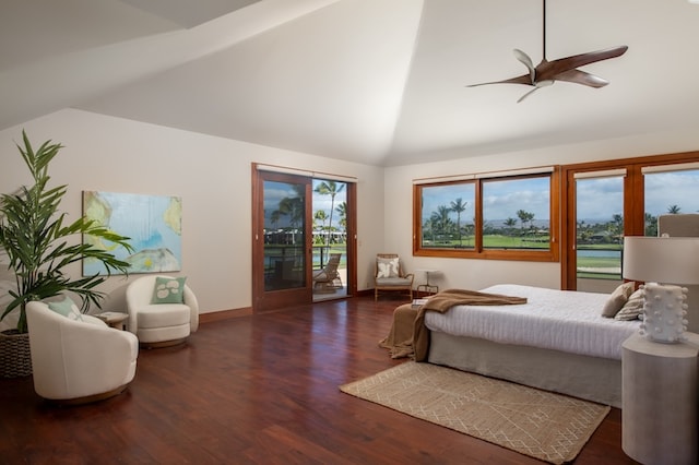 bedroom featuring dark wood-type flooring, access to outside, high vaulted ceiling, and ceiling fan