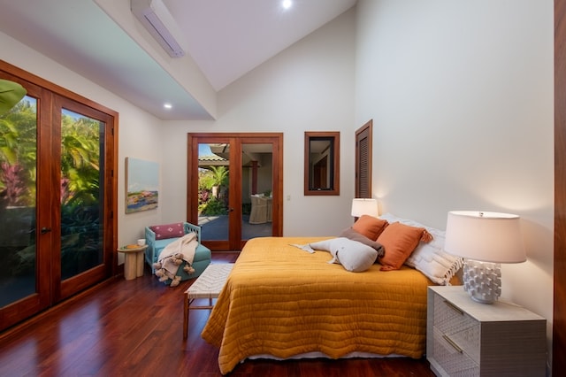 bedroom featuring dark hardwood / wood-style floors, high vaulted ceiling, access to outside, and french doors