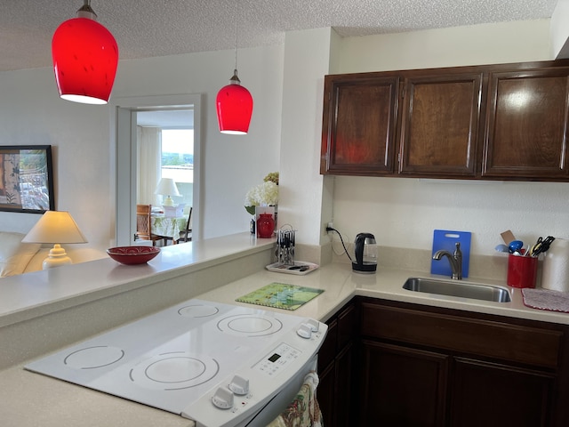101 Hilo Lagoon Ctr Unit 401, Hilo, HI 96720 - kitchen with a sink, dark brown cabinetry, light countertops, a textured ceiling, and pendant lighting