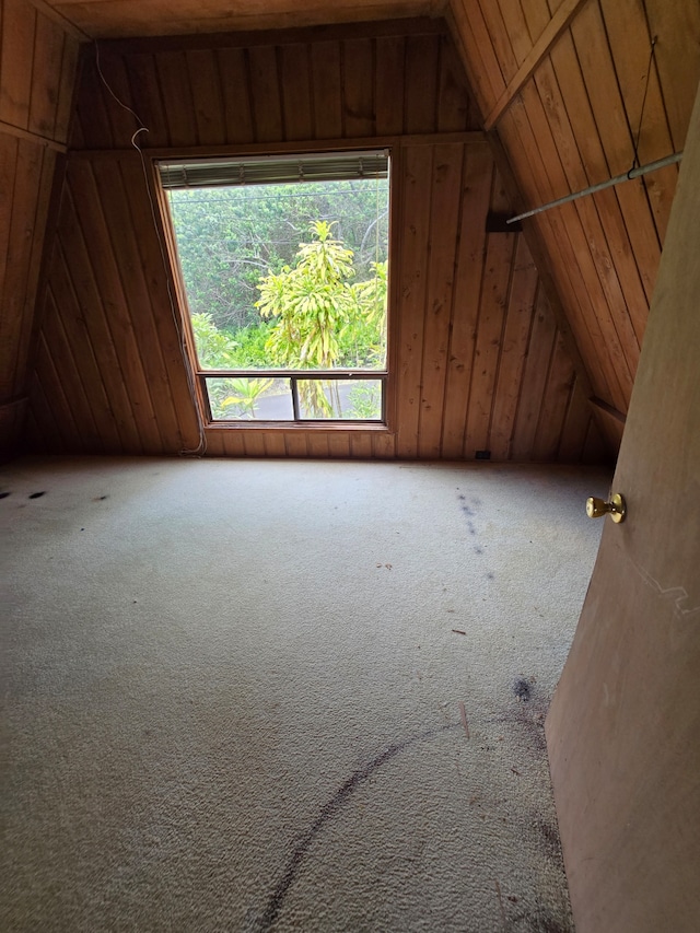 additional living space featuring wooden walls, carpet floors, lofted ceiling, and wood ceiling