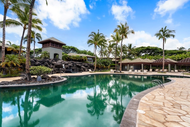 view of pool featuring a gazebo and a patio