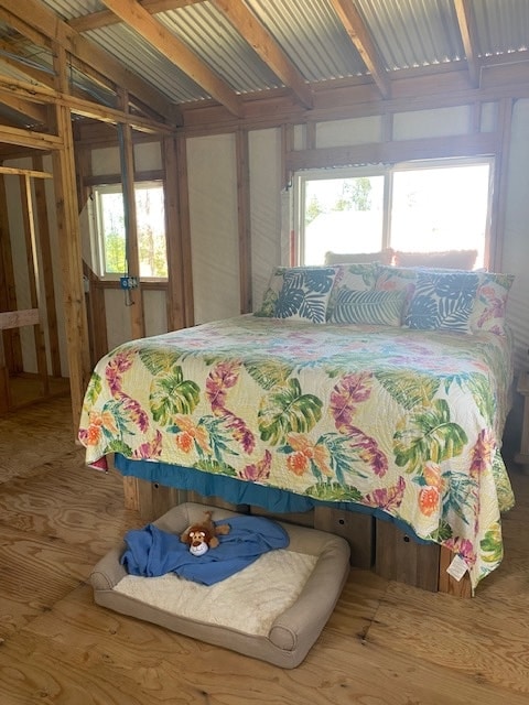 bedroom featuring light hardwood / wood-style floors and multiple windows