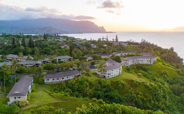 aerial view at dusk with a water view