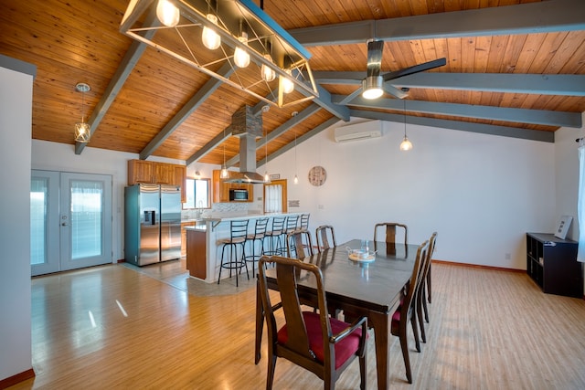 dining room featuring wooden ceiling, a wall mounted AC, vaulted ceiling with beams, light hardwood / wood-style flooring, and french doors