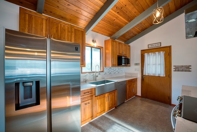 kitchen featuring vaulted ceiling with beams, backsplash, appliances with stainless steel finishes, hanging light fixtures, and sink