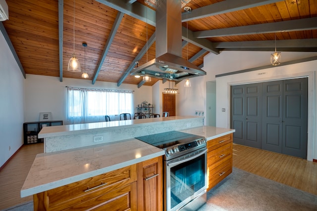 kitchen with light hardwood / wood-style flooring, vaulted ceiling with beams, decorative light fixtures, and electric stove