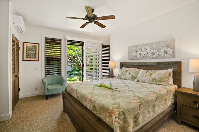 carpeted bedroom with ceiling fan, access to exterior, a wall mounted AC, and a closet