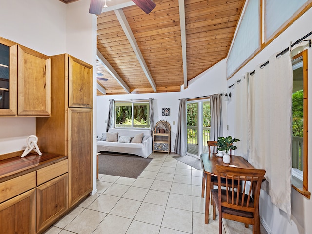 kitchen with ceiling fan, beamed ceiling, wood ceiling, and a wealth of natural light