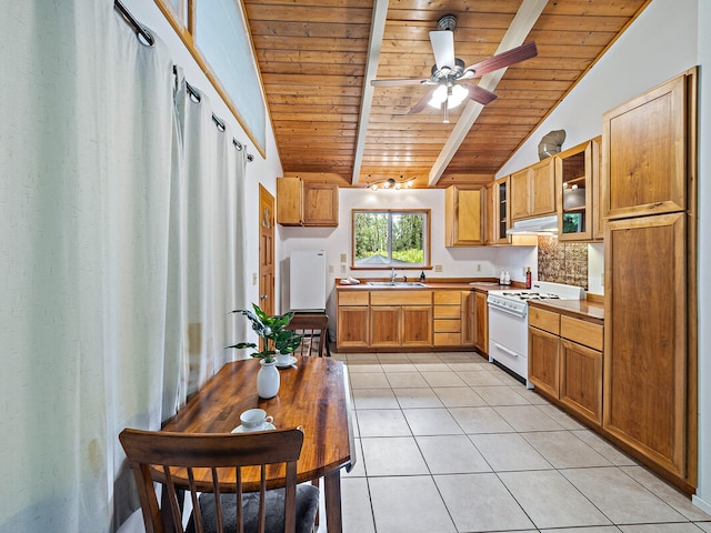 kitchen with white range oven, lofted ceiling with beams, wooden ceiling, ceiling fan, and sink