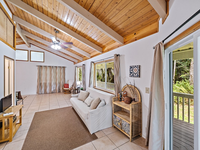 living room featuring lofted ceiling with beams, ceiling fan, wooden ceiling, and light tile patterned floors