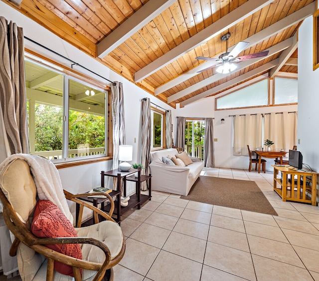 tiled living room with vaulted ceiling with beams, wood ceiling, and ceiling fan