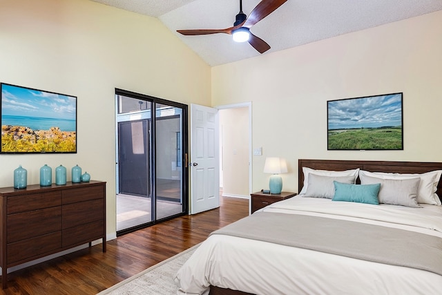 bedroom featuring ceiling fan, lofted ceiling, a textured ceiling, access to exterior, and dark hardwood / wood-style flooring