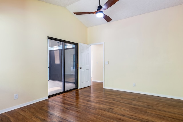 unfurnished room with a textured ceiling, ceiling fan, dark wood-type flooring, and high vaulted ceiling