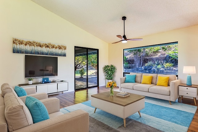 living room with wood-type flooring, a textured ceiling, high vaulted ceiling, and ceiling fan