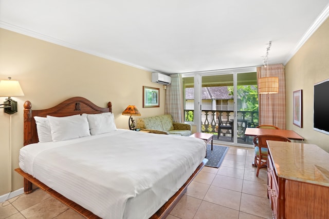 bedroom featuring ornamental molding, access to exterior, a wall mounted AC, expansive windows, and light tile patterned flooring