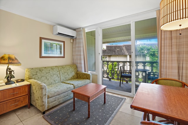 tiled living room with ornamental molding and a wall unit AC