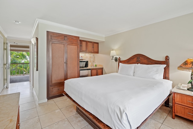 tiled bedroom featuring crown molding