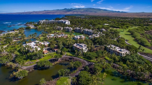 drone / aerial view featuring a water and mountain view