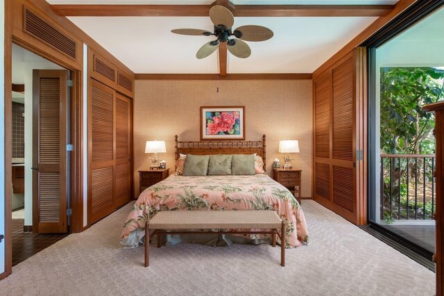 carpeted bedroom featuring ceiling fan and access to exterior