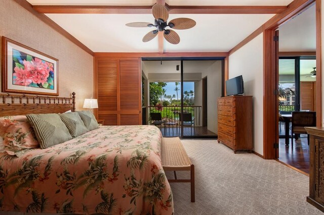 carpeted bedroom featuring ceiling fan and access to exterior