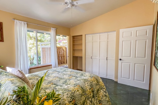 bedroom featuring ceiling fan and vaulted ceiling