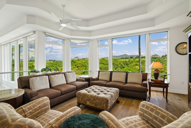 living room with a tray ceiling, hardwood / wood-style floors, and ceiling fan