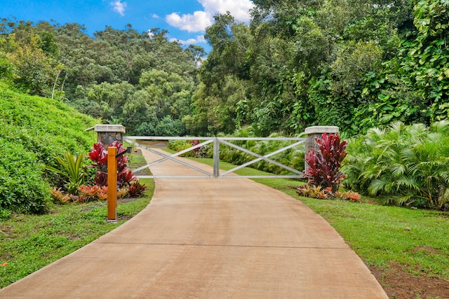 view of gate with a lawn