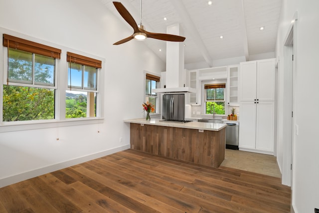 kitchen with dark hardwood / wood-style floors, beamed ceiling, white cabinetry, appliances with stainless steel finishes, and plenty of natural light